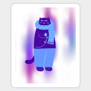 Cute blue cat with blue love scarf and blue flower, version 2 Magnet